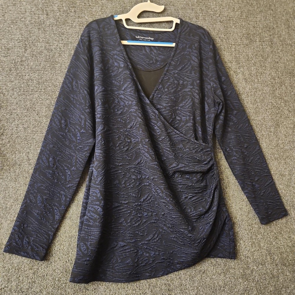 Soft Surroundings Blouse Womens XL Blue Jacquard Surplice V Neck Tunic Top